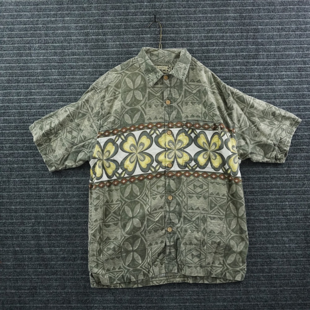 O'Neill Button Up Shirt Large Green Vintage 90s Tribal Floral Surf Short Sleeve